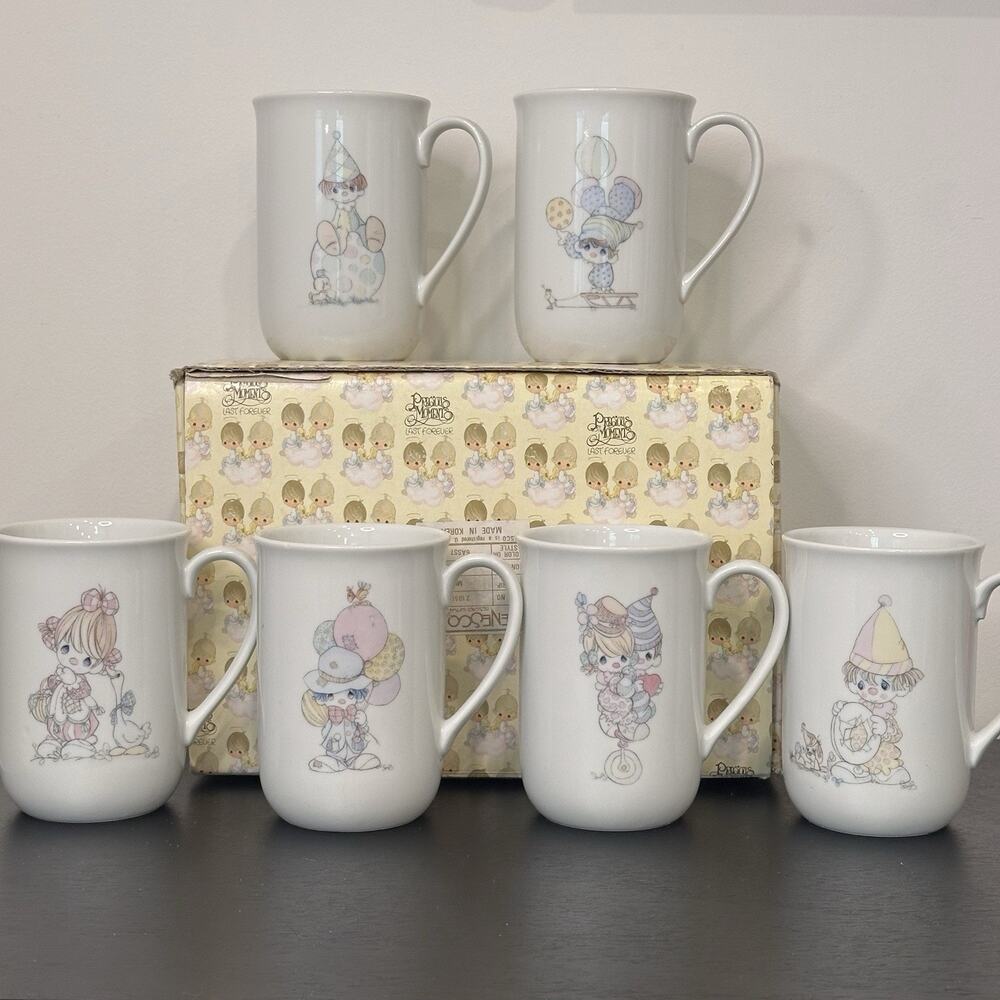 Precious Moments NEW Vintage 1980s Coffee Cup Mugs 6PC Set Enesco Clown Teacups